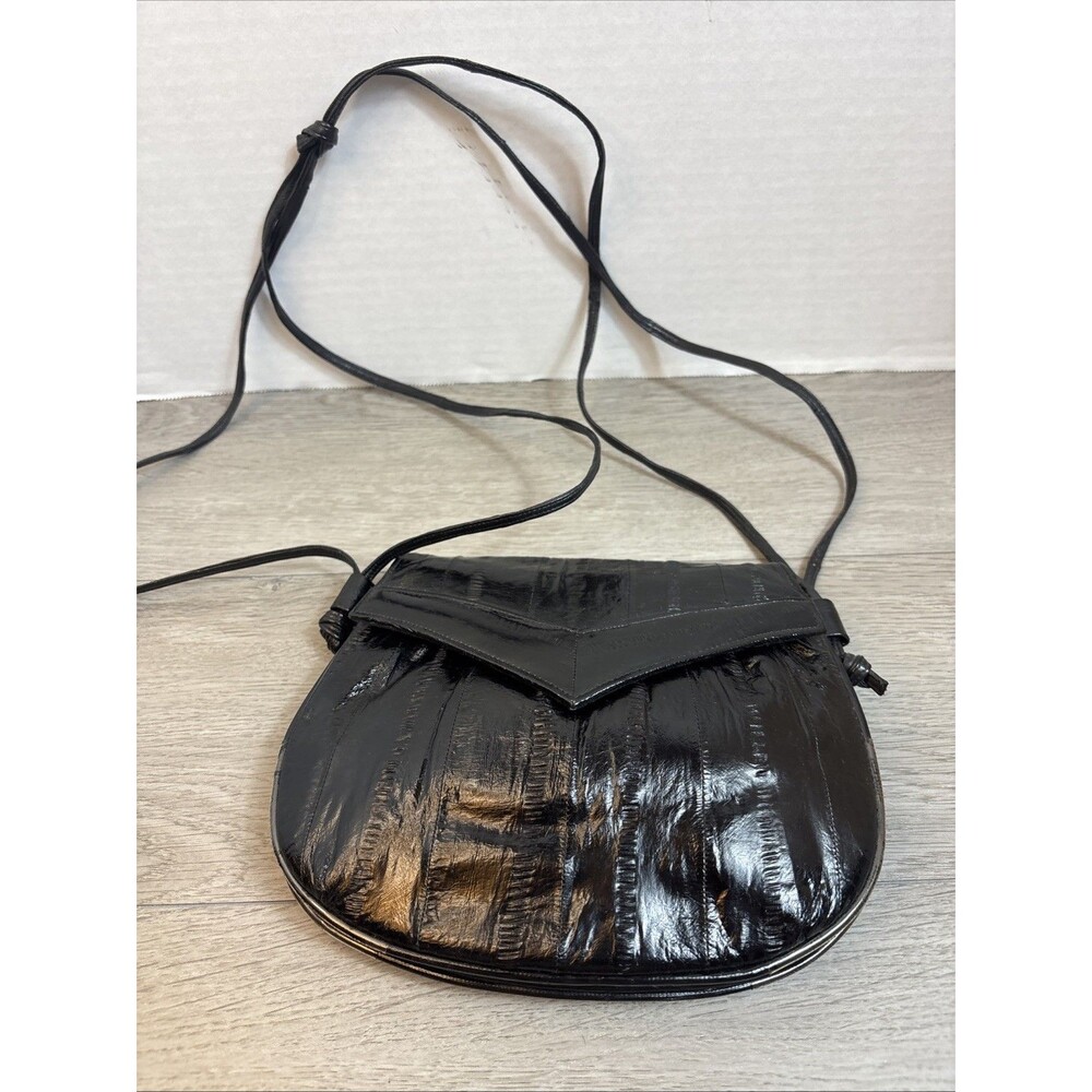 Genuine Eel Purse Black With Strap Made In Korea 7X6 Bag Snap Close Light Weight